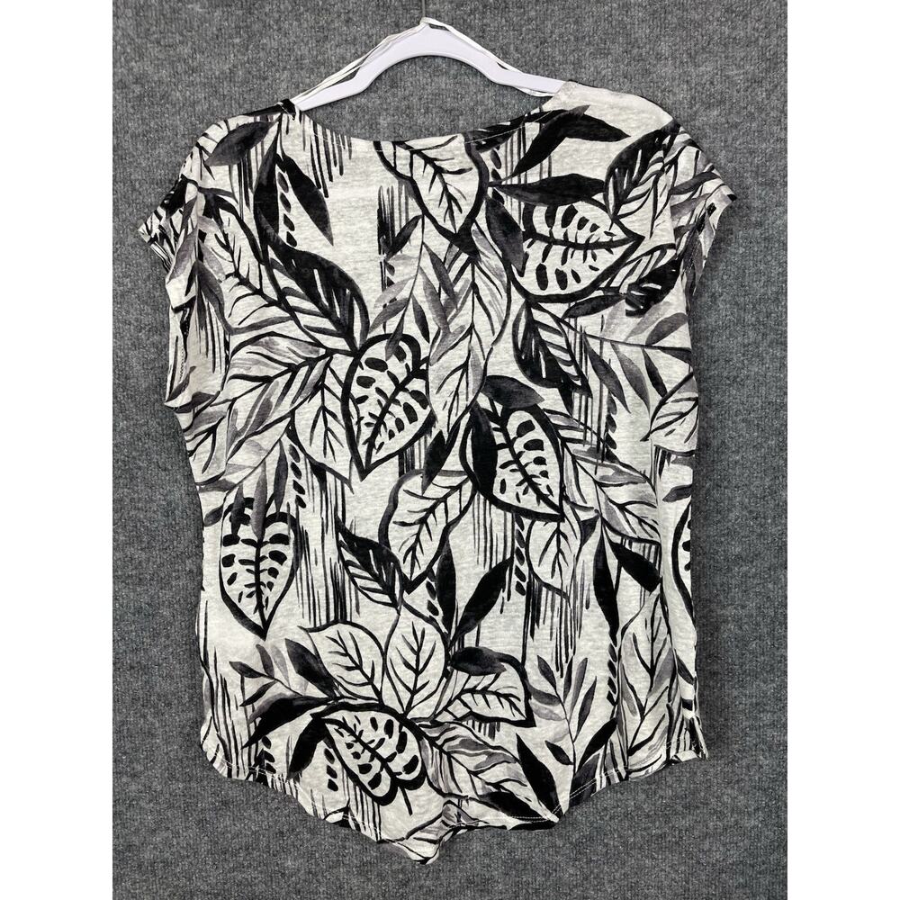 Tahari 100% Linen Top Large Black White Short Sleeve Leaf Print Coastal Beachy - Picture 5 of 8